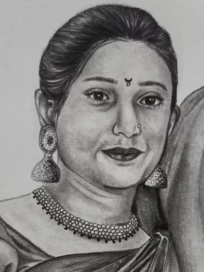 A close-up focusing on the woman from the couple sketch, showing the detail in her traditional earrings and the soft shading of her features.