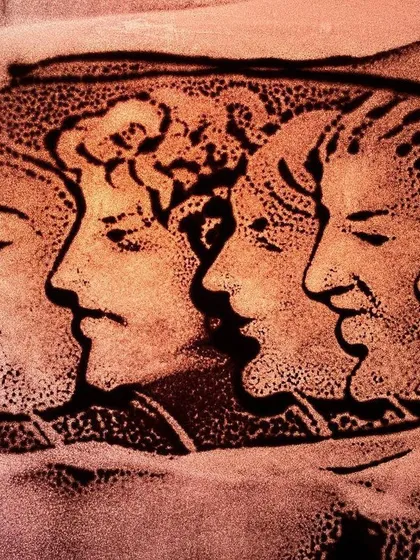 A sand painting showing a series of faces in profile, as if they are whispers or echoes of each other. It's a reflection on how people perceive us.