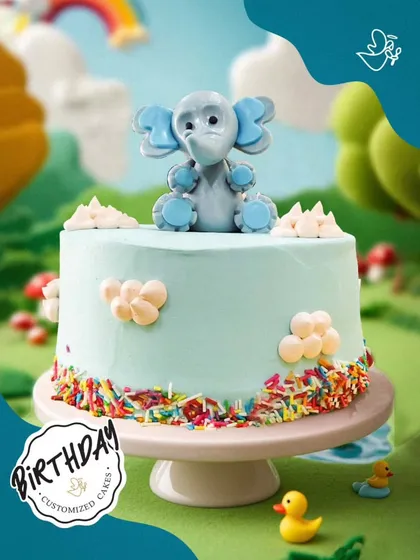 A sweet baby elephant cake with colorful sprinkles. This simple and adorable design is perfect for a first birthday or a baby shower celebration.