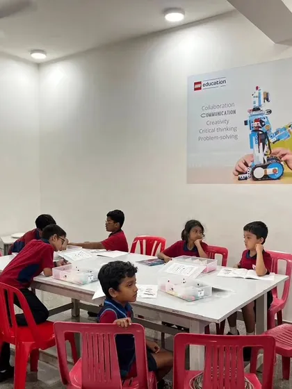 A wide shot of our after-school robotics lab at Vidyashilp Academy. We create a structured yet fun environment for students to explore STEM concepts.