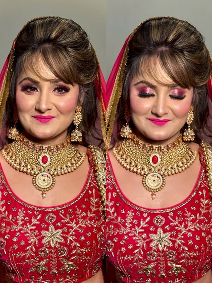 A classic bridal portrait with a focus on the stunning pink and gold makeup. The eyes are the star of the show, with dramatic lashes and shimmery shadow.