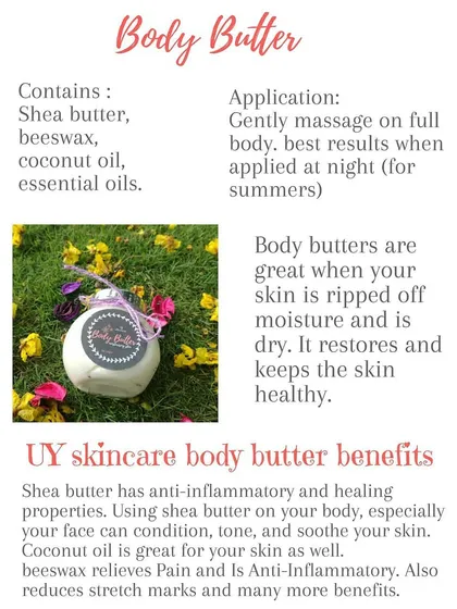 A shareable graphic with all the details about my Body Butter. I recommend applying it at night for the best results.