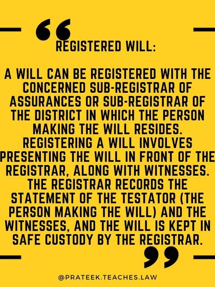 A registered will is presented before a Sub-Registrar with witnesses. The registrar records the statements and keeps the will in safe custody.