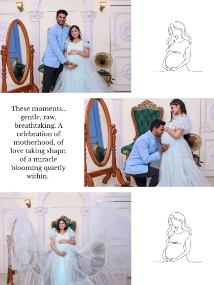 This artistic collage blends beautiful photos with line art, capturing the gentle and breathtaking moments of a royal-themed maternity shoot. It highlights the flowing fabric of the gown and the intimate connection of the couple.