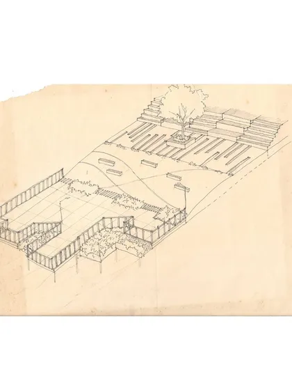 This early sketch visualizes a community deck extending over a natural water catchment pond. The design creates a serene public space at the edge of the site, offering a place for quiet reflection overlooking the water.