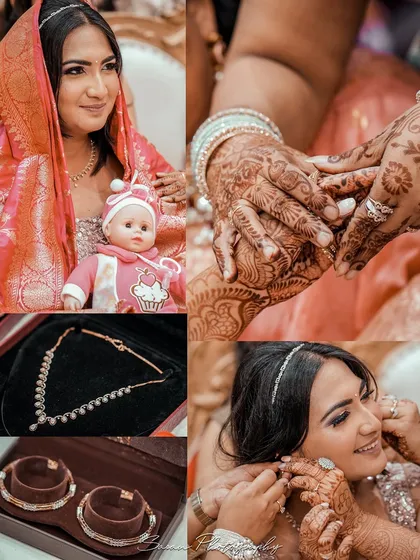 A collage of details from an engagement ceremony, including jewelry, henna, and traditional rituals.