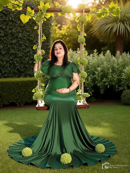 An outdoor-style portrait in a lush green setting. The mom-to-be is seated on a swing, creating a look of natural elegance.