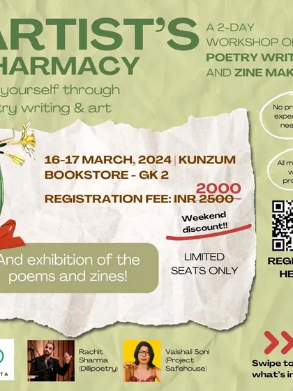 The 'Artist's Pharmacy' is a two-day journey into healing through poetry and zine-making. We work through emotions with words and then give them a vibrant visual form, creating a space for art to be a remedy.