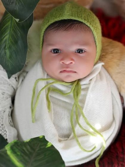 Surrounded by soft green leaves, this little one is curious about the world. 'Oldborn' sessions are perfect for capturing these moments of quiet observation.
