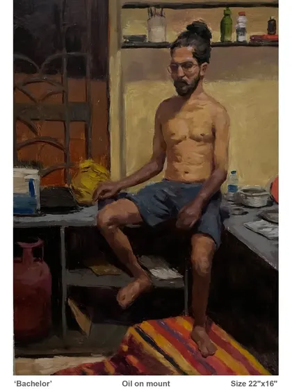 My painting "Bachelor," which won the realistic figurative award from The Art Society of India. It's an oil painting capturing a candid moment of daily life.