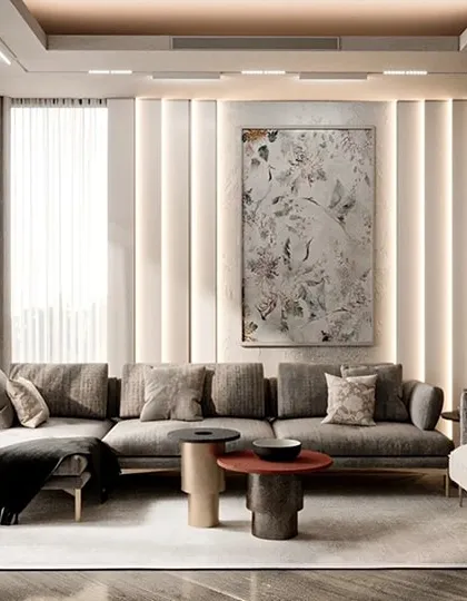 This photorealistic render showcases a luxurious and modern living room design. We focused on creating a sophisticated ambiance with a neutral color palette, layered lighting, and a statement art piece, perfect for apartments and villas.