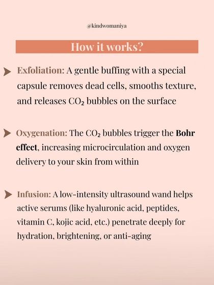 Here is how it works. The treatment uses a special capsule to exfoliate, triggers oxygenation from within through the Bohr effect, and uses ultrasound to infuse active serums deeply into the skin.