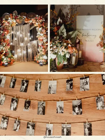 A collage of details from the rustic welcome dinner, including a macrame and floral arch, a personalized welcome sign, and a wall of polaroid memories.