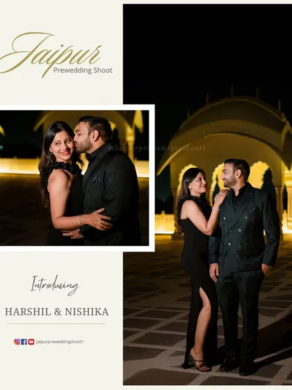 An introductory image for Harshil and Nishika, featuring a romantic night shot at their resort location.