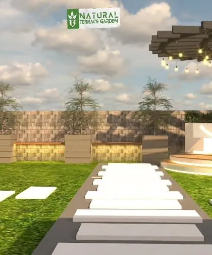 A proposed circular pergola with string lights for the Shahdara project.