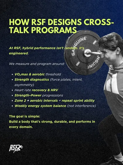 At RSF, hybrid performance is engineered, not random. I measure metrics like VO2max, strength diagnostics, and heart rate recovery to design programs that build a body that's strong and durable in every domain.