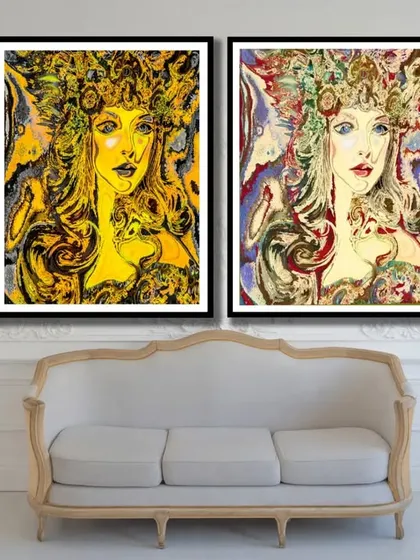 A mockup showing my two abstract digital portraits displayed as a pair in a classic living room.