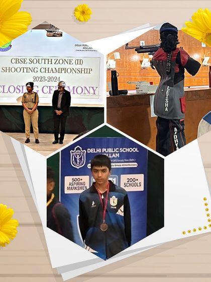 A collage celebrating our qualifiers for the CBSE Nationals. Thushhar's bronze medal in Air Pistol and Leisha's qualification in Air Rifle highlight our success in school-level competitions.