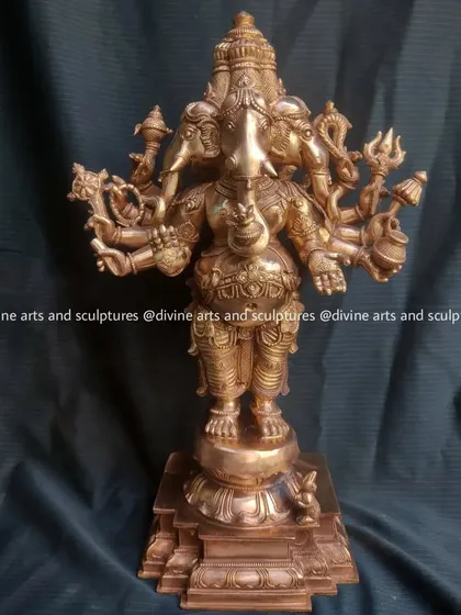 A finished 15-inch Panchaloha sculpture of Panchamukhi Ganesha, the five-faced form of the beloved deity. Each face represents a different aspect of his divine power. This piece showcases the complexity and symmetry we strive for in our traditional South Indian bronze work.