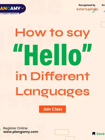 A title card for our series on how to say 'Hello' in different languages, encouraging you to join our classes to learn more.