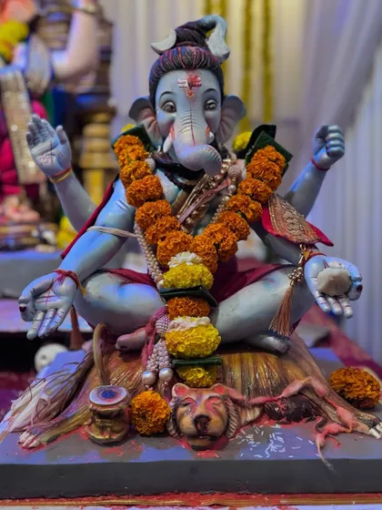 A detailed shot of one of the beautiful Ganpati idols from the Gokul Nagari event, showcasing the artistry within the pandal I set up.