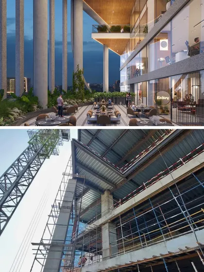 A comparison of the rendered terrace and the actual construction site of Narmada. This shows the translation of the design for open, landscaped commercial spaces into reality.
