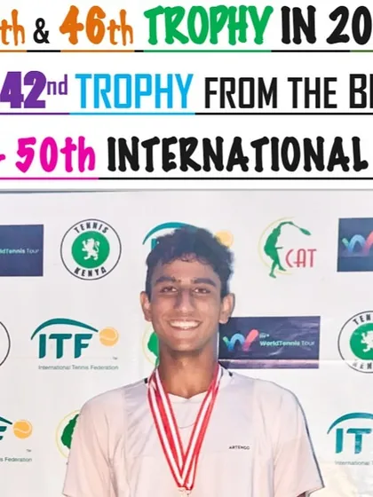 The official poster celebrating Aarjun Pandit's double crown win at the ITF J60 tournament in Kenya, marking his 16th ITF trophy in 18 months.