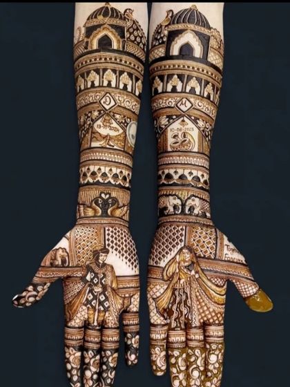 A full-coverage bridal design with bride and groom figures on the palms and intricate architectural and symbolic patterns on the arms.