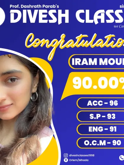 A huge congratulations to Iram Moulvi for securing 90% in her board exams. Achieving a 96 in Accountancy and 93 in Secretarial Practice demonstrates the strong conceptual clarity we focus on.