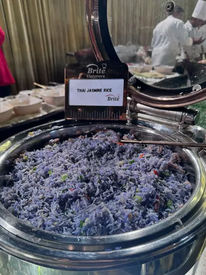 Another look at the beautiful and aromatic blue Thai Jasmine Rice, a dish that always sparks conversation.