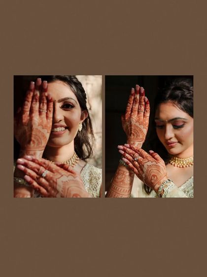 A diptych广告 of the bride showing off her intricate Mehendi design, her smile coy and happy.