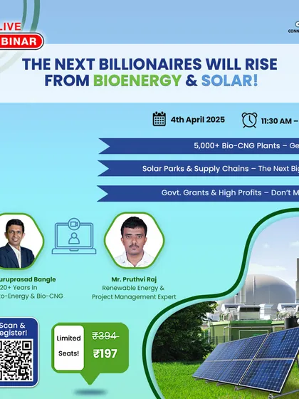 Another ad promoting our hybrid energy session, this graphic features our speakers and images of both solar and Bio-CNG plants. It emphasizes the strategic advantage of creating a self-powered business with dual revenue streams.