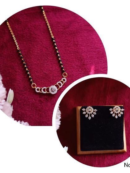 A beautiful mangalsutra and earring set, this design features a delicate pendant and matching floral studs. It's a perfect combination of tradition and modern style.