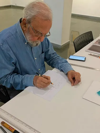 The master artist Gulammohammed Sheikh himself, sketching out ideas for the display of his retrospective. It's a privilege to work directly with artists of his stature.