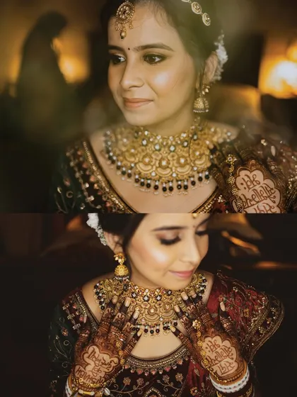 A collage of close-up bridal portraits, focusing on her expressive eyes and stunning jewelry. These shots capture the intricate details and the soft, romantic mood of her look.