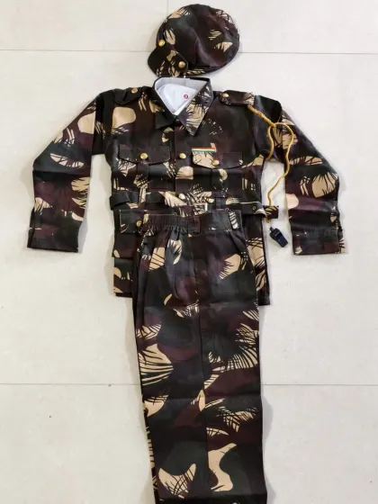 For the little patriot in your family, I have this complete army soldier uniform for rent. This camouflage set includes the shirt, pants, and cap, ideal for Independence Day or school fancy dress competitions.