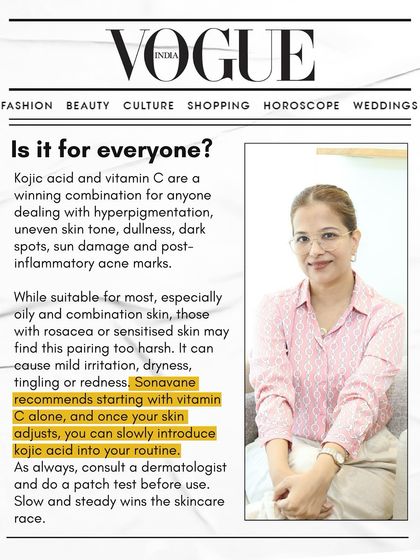 Is the combination of Kojic Acid and Vitamin C for everyone? In my Vogue India article, I explain that while it's great for hyperpigmentation, those with rosacea or sensitized skin may find it too harsh. It's always best to start slow and patch test.