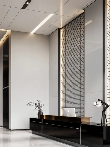 The hotel reception desk, visualized as a sleek, black monolith, creating a powerful first impression.