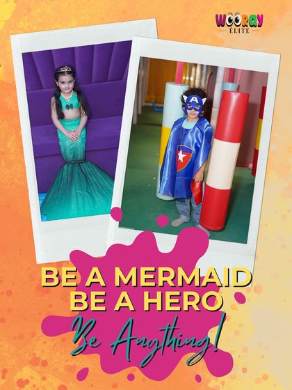Be a mermaid, be a hero, be anything you want. This graphic showcases the diverse dress-up opportunities we offer, from mystical mermaids to brave superheroes.