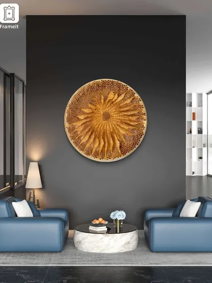 Visualizing art is key. Here, I used an app to place 'The Golden Flower' in a modern living room with a dark wall, showing how its golden warmth can create a stunning focal point.