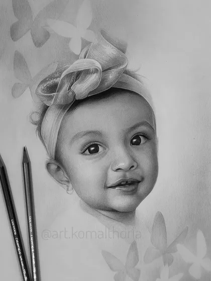 Capturing the innocence of a child is a special joy. For this baby portrait, I used soft graphite to create a gentle expression and added a creative touch with a subtle butterfly background, making it a truly unique piece for her first birthday.