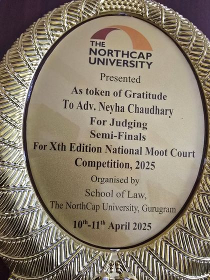 This token of gratitude from The NorthCap University for judging their National Moot Court Competition is a cherished memento. It represents my commitment to fostering the next generation of legal talent.