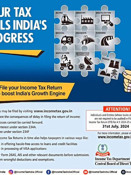 As this message from the Income Tax Department highlights, filing your return on time contributes to the nation's progress. It also provides personal benefits like easier access to loans and credit facilities, which I can help you secure through compliant filing.