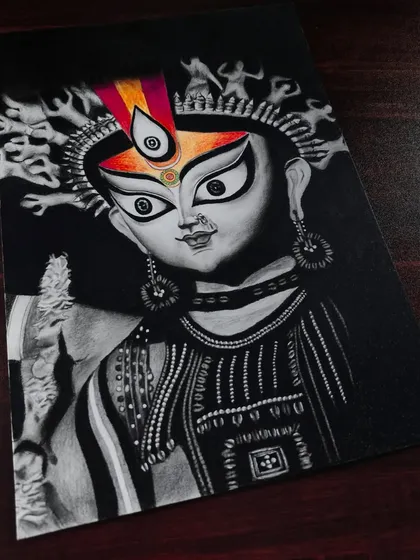 A striking portrait of Maa Durga, using a black background and pops of color to create a powerful and traditional artistic style.