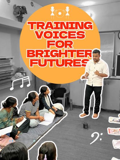 "Training Voices for Brighter Futures." An instructor leads a vocal warm-up, his posture and expression demonstrating the techniques he is teaching the students.