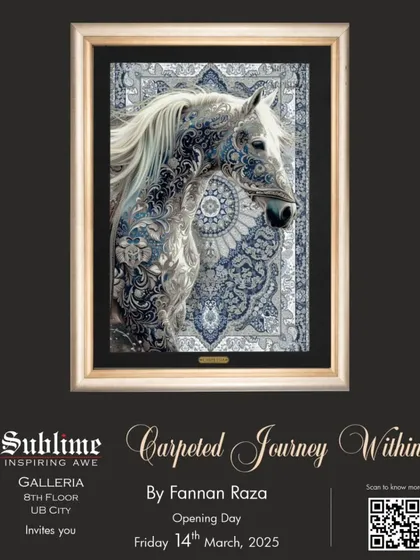 We champion revolutionary art forms, like this stunning piece by Fannan Raza from his 'Carpeted Journey Within' exhibition. This artwork, intricately detailed to resemble a fine carpet, showcases the innovative and museum quality talent we bring to our gallery at UB City.