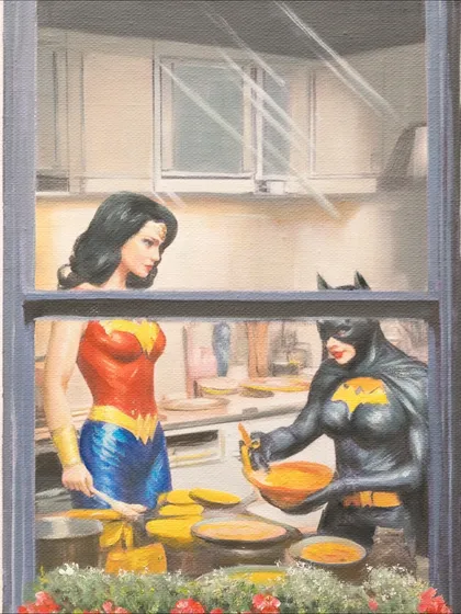 Wonder Woman and Batgirl are seen baking together in a kitchen, another charmingly mundane scene from "Ordinary Powers." 
