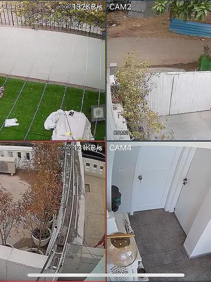 This is a live feed from a 2.4 MP CP Plus system we installed at a home in DLF Phase-I, Gurgaon. It provides clear views of the garden, entryway, backyard, and an interior hallway, ensuring complete home surveillance.