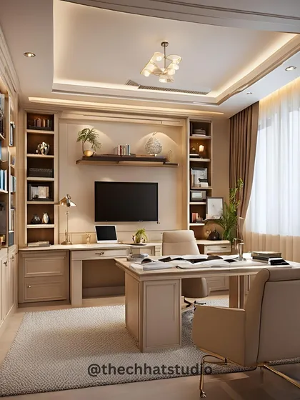 We designed this executive office to be a sanctuary of calm productivity. The cohesive beige theme, floor-to-ceiling library cabinets, and soft, natural light create a luxurious and clutter-free environment, proving that a workspace can be both highly functional and deeply elegant.