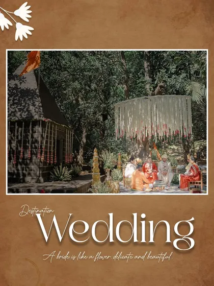 A wide shot of a destination wedding ceremony taking place in a serene, natural setting.